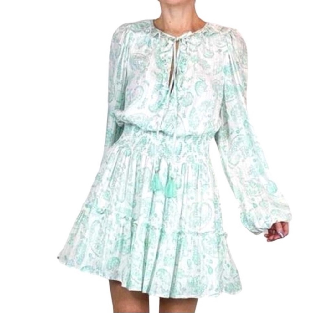 House of Harlow 1960 White and Mint Paisley Tiered Mini Dress